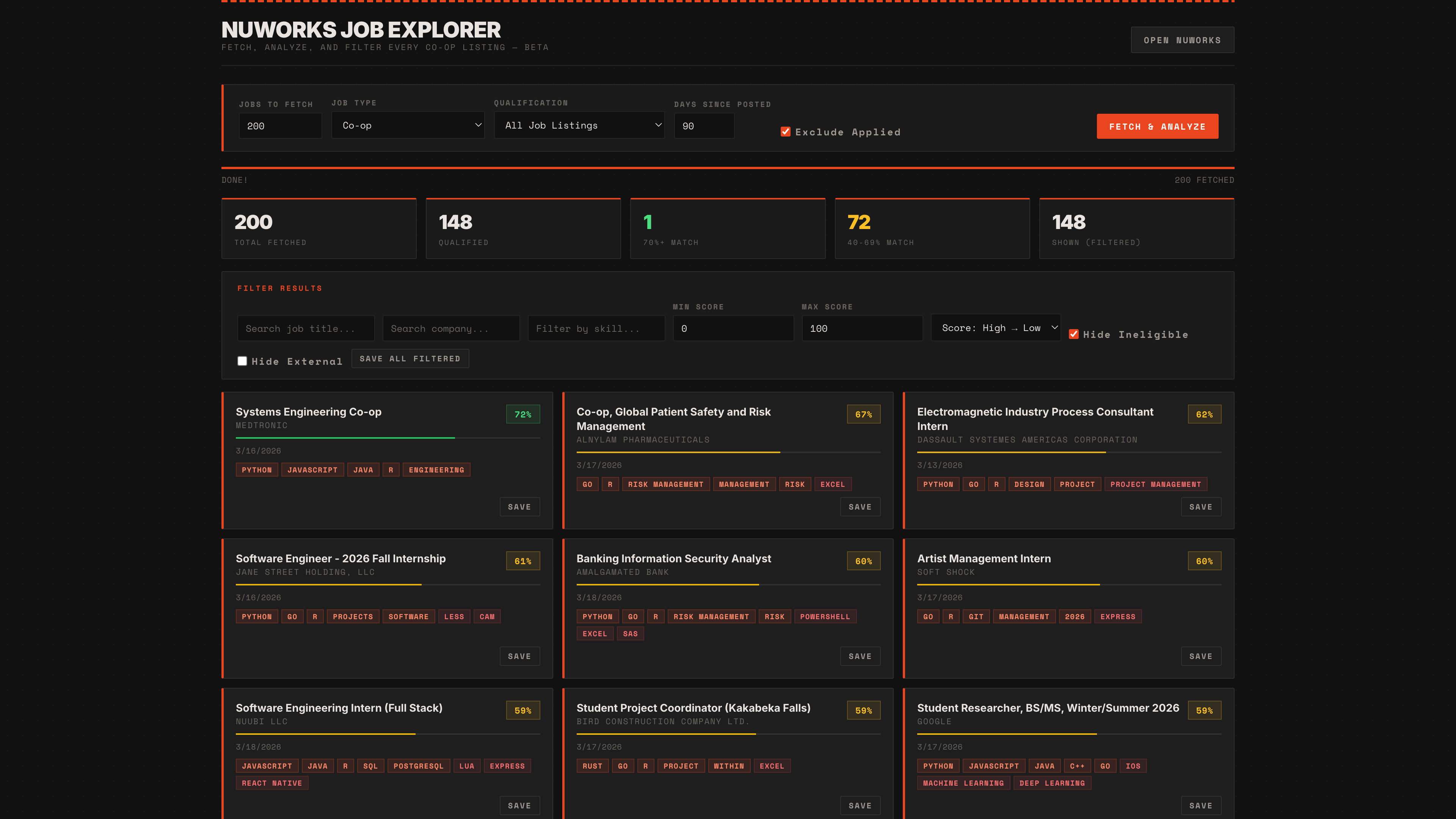 NUWorks Job Explorer with filtering, match percentages, and batch actions