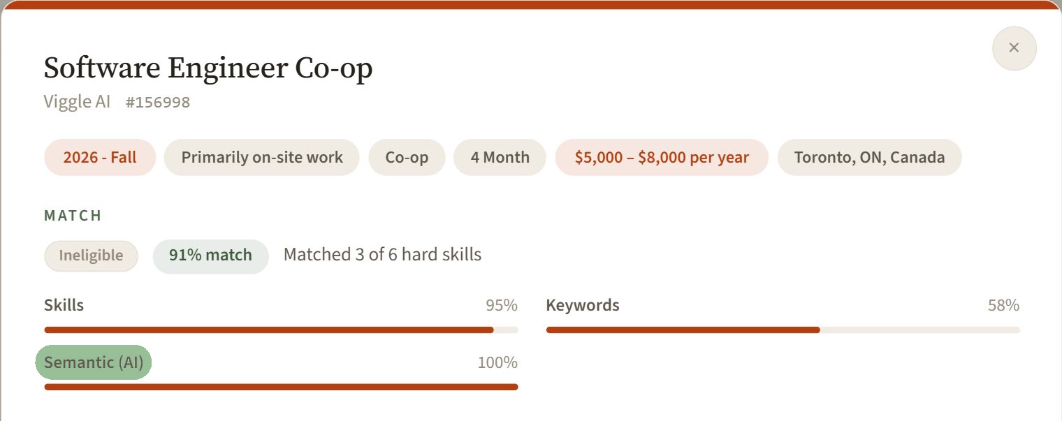 A job's match breakdown with Skills, Keywords, and Semantic (AI) bars