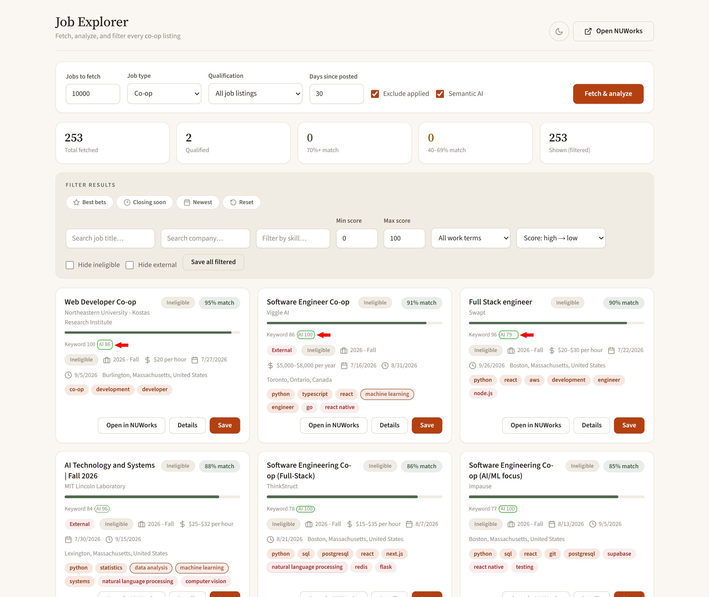 The Job Explorer with Semantic AI enabled, showing a blended match score plus a Keyword · AI split on every card