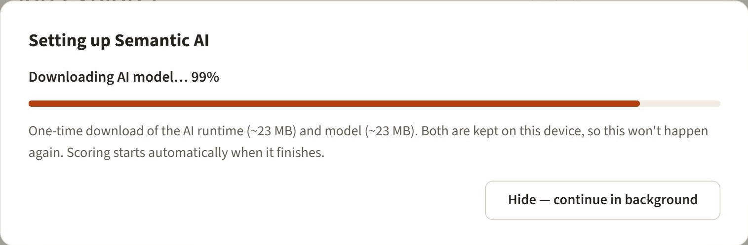 The one-time download progress dialog for the AI runtime and model