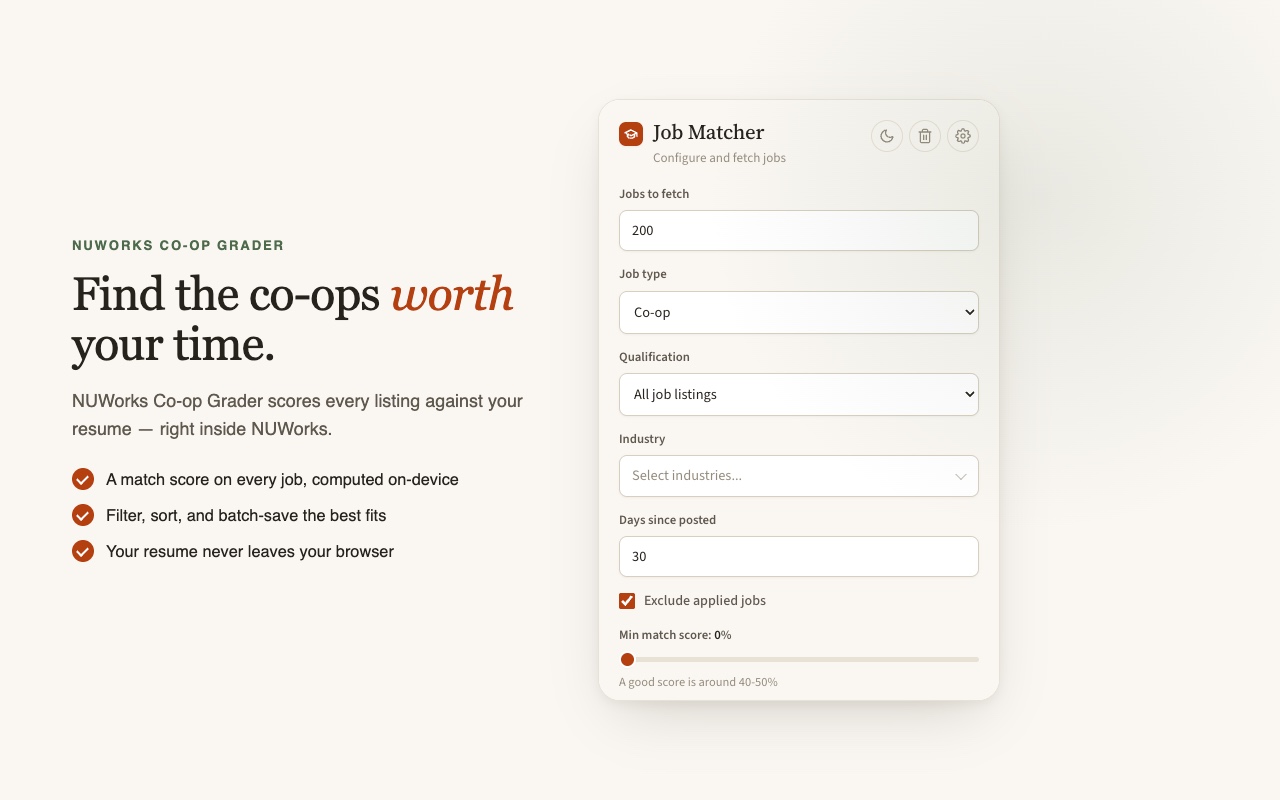 The Job Matcher popup scoring co-op listings against your resume